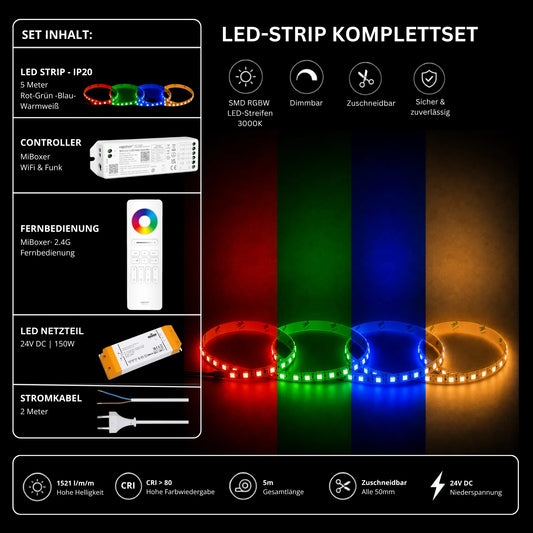 LED Streifen Set RGBW – SMD LED Streifen 24V, 4-in-1, 19,2 W/m, 5m, RGB + Warmweiß 3000K – SS150 Netzteil, WL5 WiFi Controller & C5 Fernbedienung 