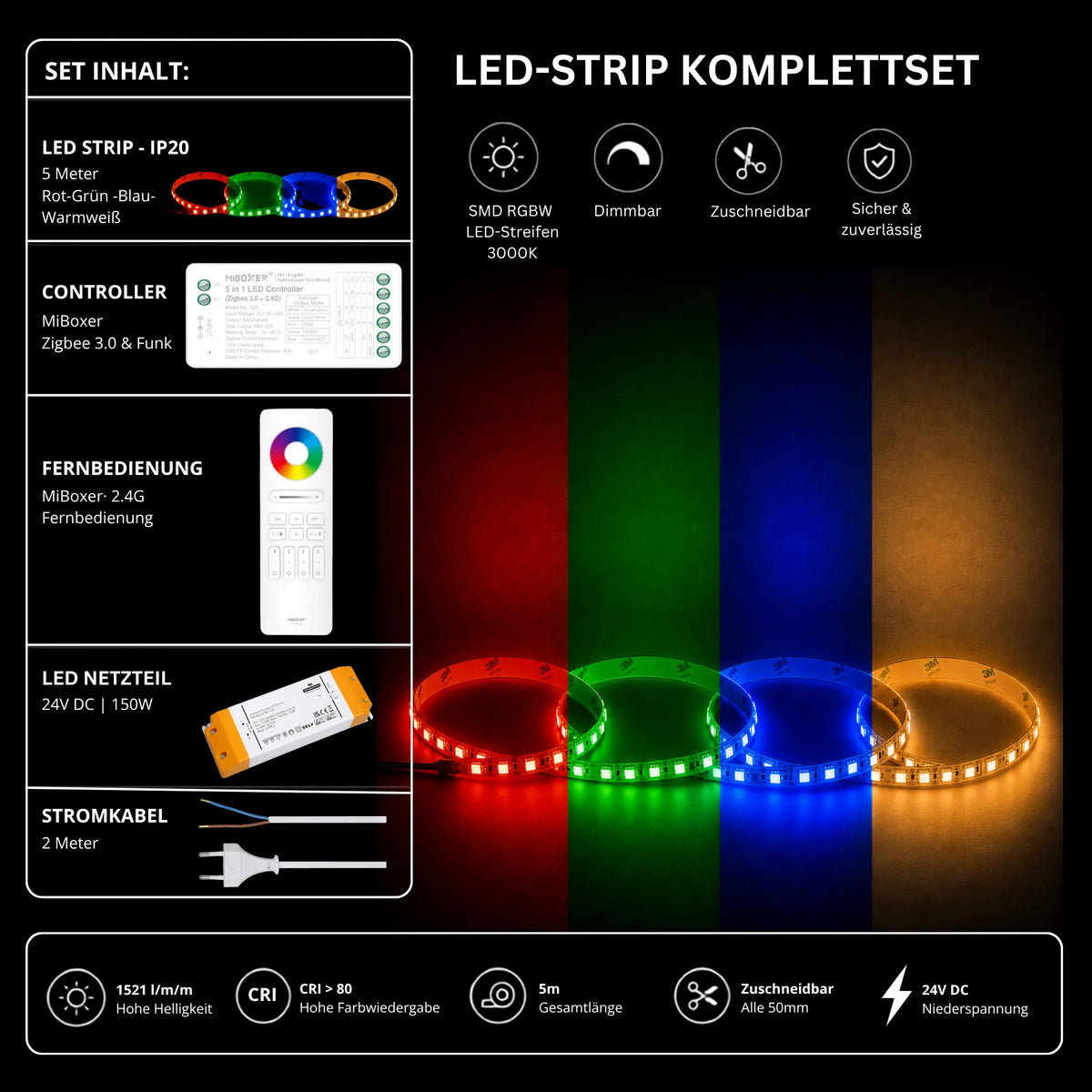 LED Streifen Set RGBW – SMD LED Streifen 24V, 4-in-1, 19,2 W/m, 5m, RGB + Warmweiß 3000K – SS150 Netzteil, SZ5 Zigbee 3.0 Controller & C5 Fernbedi
