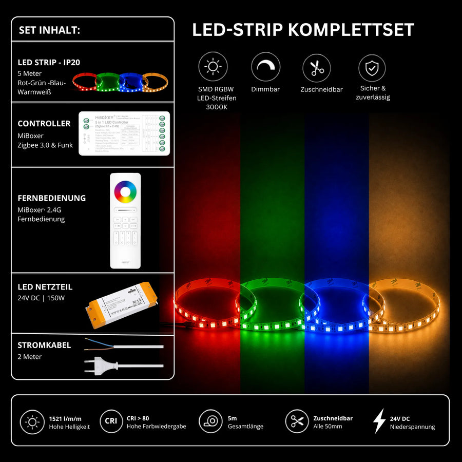 LED Streifen Set RGBW – SMD LED Streifen 24V, 4-in-1, 19,2 W/m, 5m, RGB + Warmweiß 3000K – SS150 Netzteil, SZ5 Zigbee 3.0 Controller & C5 Fernbedi