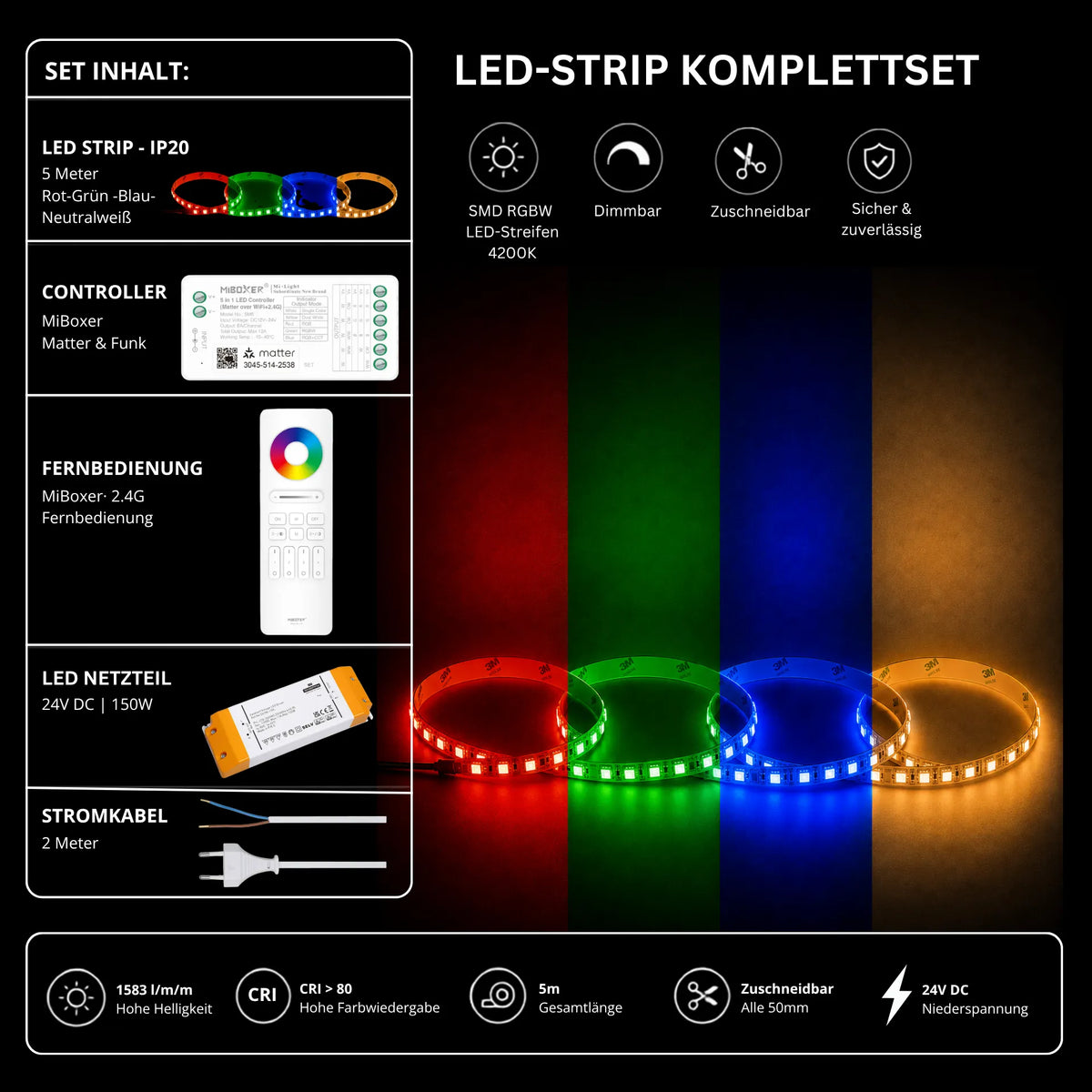 LED Streifen Set RGBW – SMD LED Streifen 24V, 4-in-1, 19,2 W/m, 5m, RGB + Neutralweiß 4200K – SS150 Netzteil, SM5 Matter Controller & C5 Fernbedie