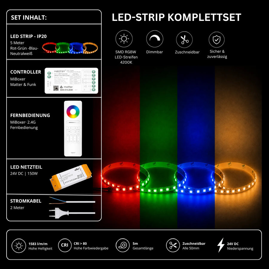 LED Streifen Set RGBW – SMD LED Streifen 24V, 4-in-1, 19,2 W/m, 5m, RGB + Neutralweiß 4200K – SS150 Netzteil, SM5 Matter Controller & C5 Fernbedie