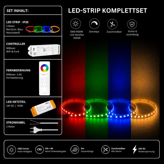 LED Streifen Set RGBW – SMD LED Streifen 24V, 4-in-1, 19,2 W/m, 5m, RGB + Neutralweiß 4200K – SS150 Netzteil, WL5 WiFi Controller & C5 Fernbedienu