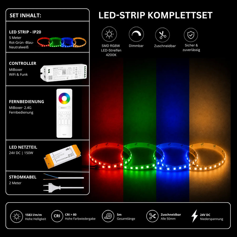 LED Streifen Set RGBW – SMD LED Streifen 24V, 4-in-1, 19,2 W/m, 5m, RGB + Neutralweiß 4200K – SS150 Netzteil, WL5 WiFi Controller & C5 Fernbedienu