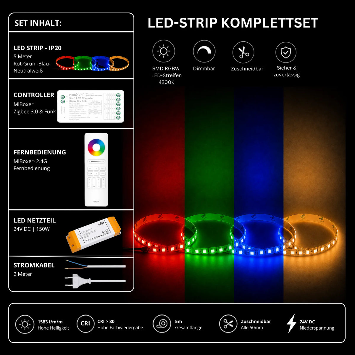 LED Streifen Set RGBW – SMD LED Streifen 24V, 4-in-1, 19,2 W/m, 5m, RGB + Neutralweiß 4200K – SS150 Netzteil, SZ5 Zigbee 3.0 Controller & C5 Fernb