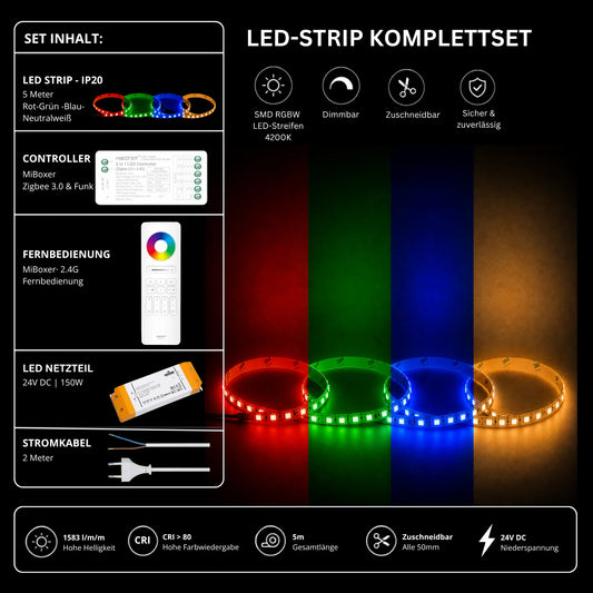 LED Streifen Set RGBW – SMD LED Streifen 24V, 4-in-1, 19,2 W/m, 5m, RGB + Neutralweiß 4200K – SS150 Netzteil, SZ5 Zigbee 3.0 Controller & C5 Fernb