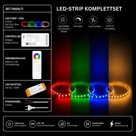LED Streifen Set RGBW – SMD LED Streifen 24V, 4-in-1, 19,2 W/m, 5m, RGB + Kaltweiß 6500K – SS150 Netzteil, SM5 Matter Controller & C5 Fernbedienun