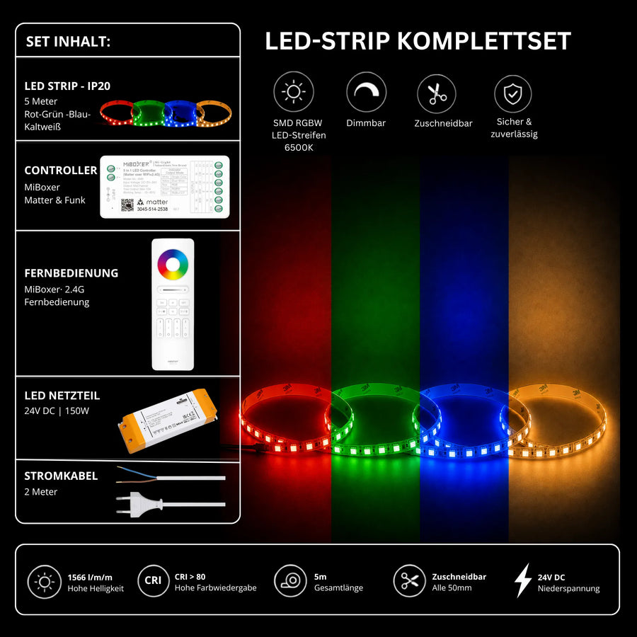 LED Streifen Set RGBW – SMD LED Streifen 24V, 4-in-1, 19,2 W/m, 5m, RGB + Kaltweiß 6500K – SS150 Netzteil, SM5 Matter Controller & C5 Fernbedienun
