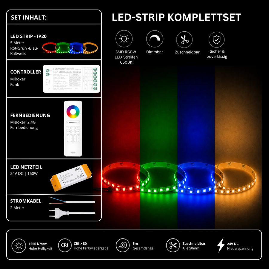 LED Streifen Set RGBW – SMD LED Streifen 24V, 4-in-1, 19,2 W/m, 5m, RGB + Kaltweiß 6500K – SS150 Netzteil, SR5 Funk-Controller & C5 Fernbedienung 