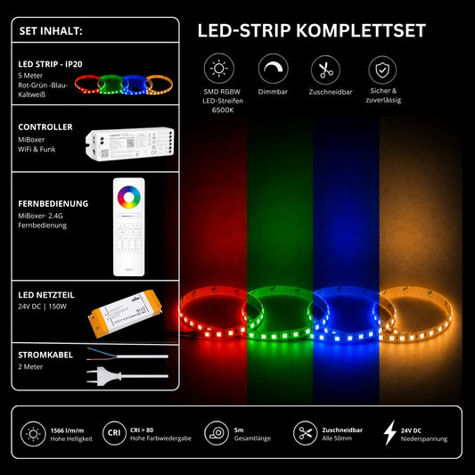 LED Streifen Set RGBW – SMD LED Streifen 24V, 4-in-1, 19,2 W/m, 5m, RGB + Kaltweiß 6500K – SS150 Netzteil, WL5 WiFi Controller & C5 Fernbedienung 