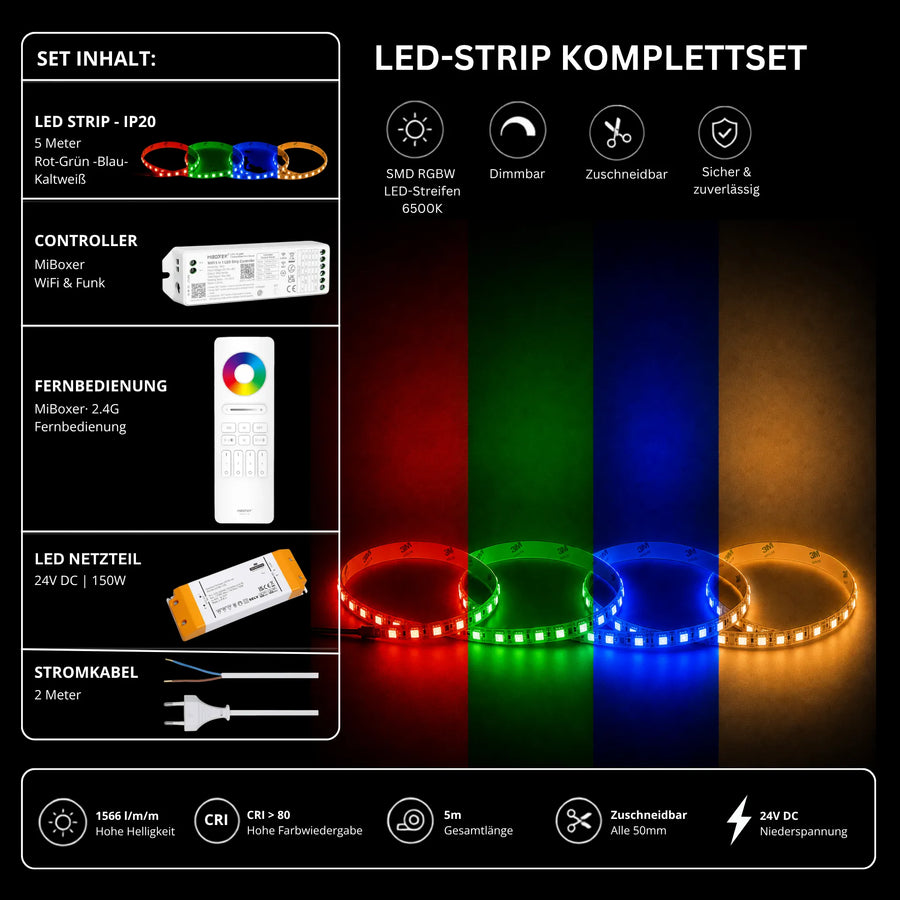 LED Streifen Set RGBW – SMD LED Streifen 24V, 4-in-1, 19,2 W/m, 5m, RGB + Kaltweiß 6500K – SS150 Netzteil, WL5 WiFi Controller & C5 Fernbedienung 