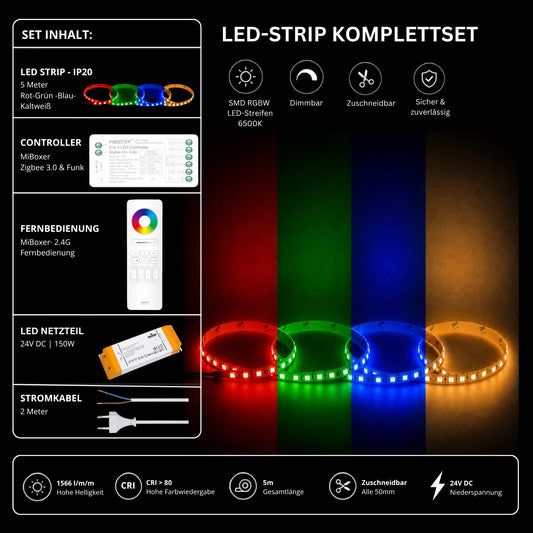LED Streifen Set RGBW – SMD LED Streifen 24V, 4-in-1, 19,2 W/m, 5m, RGB + Kaltweiß 6500K – SS150 Netzteil, SZ5 Zigbee 3.0 Controller & C5 Fernbedi