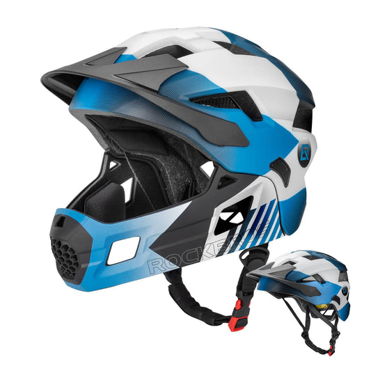 ROCKBROS Kinderhelm BMX MTB Helm mit Abnehmbarem Kinnschutz und Krempe - Blau / S (48-52 CM)