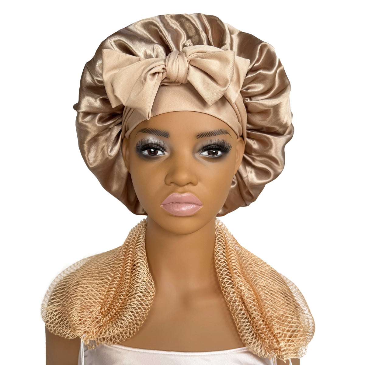 Satin Bonnet + African Exfoliating Net Sponge Set, Sleep Cap Hair Care Bonnet for Curly Hair - Champagne Bonnet + Champagne Sponge