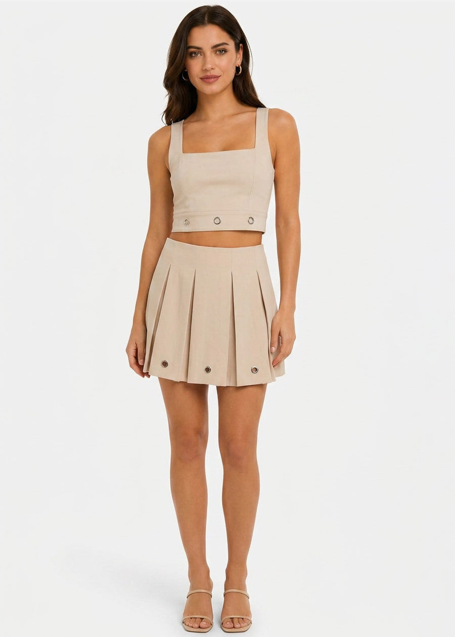 Cream Eyelet Detail Box Pleat Tennis Mini Skirt - UK 6 / US 2 / EU 34