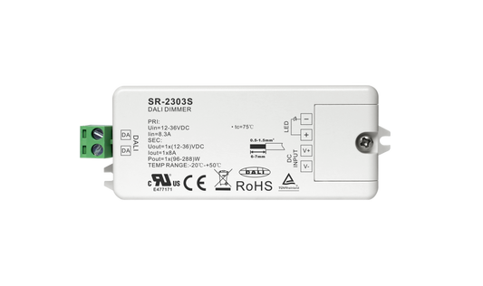 SR-2303S 2-in-1 LED Dimmer 1-Kanal 12-48V DC 8A Konstantspannung DALI-2 DT6 mit Push DIM