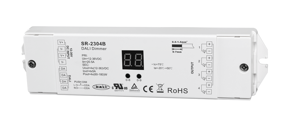 SR-2304B DALI-2 LED Controller, 4-Kanal, 12-36V DC, 4×5A, DT6, Push DIM, für LED Streifen