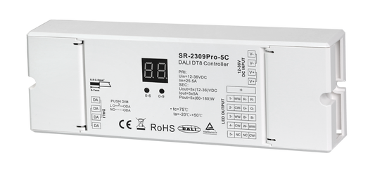 SR-2309PRO-5C DALI-2 DT8 LED Controller, 5-Kanal, 12-48V DC, 5×5A, 8-in-1 Farbsteuerung, Push DIM