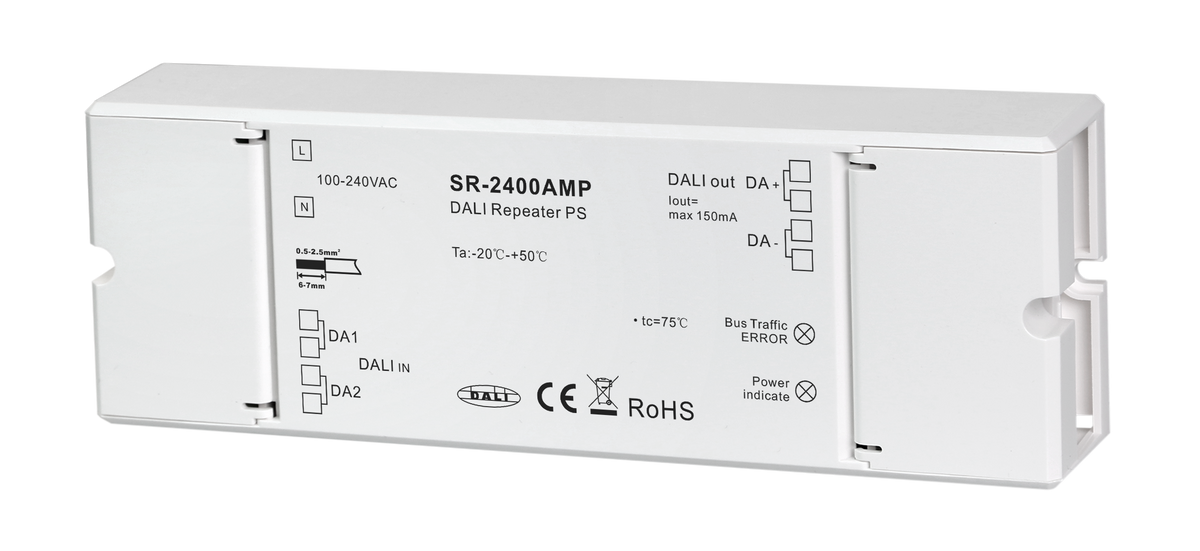 SR-2400AMP DALI-2 Repeater mit integrierter Bus-Stromversorgung, 100-240V AC, 16V DC, 150mA