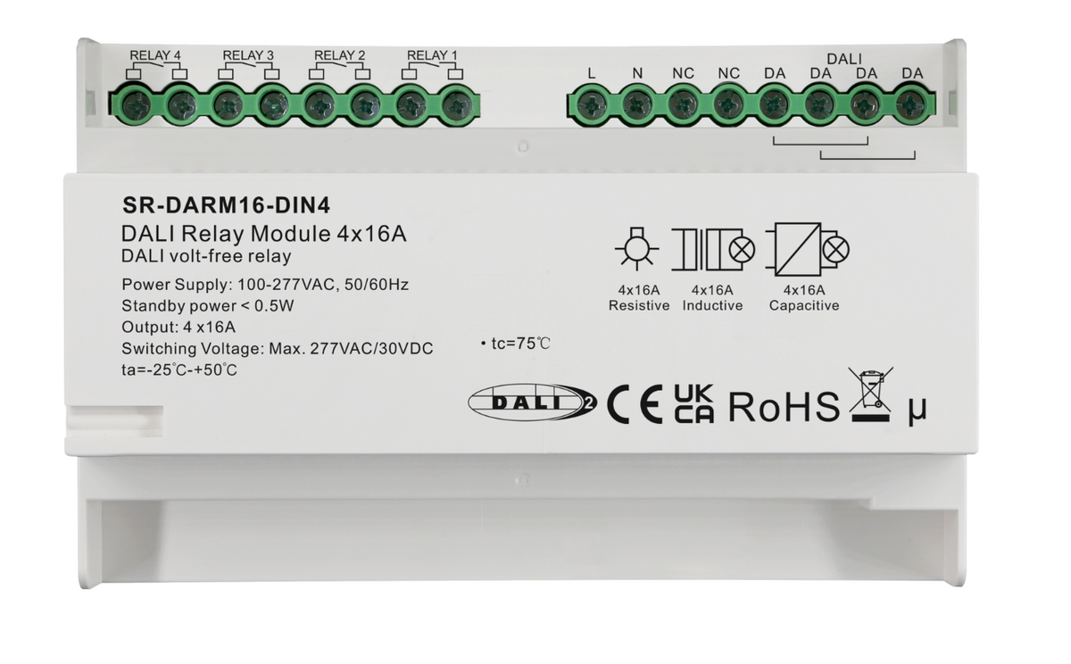 SR-DARM16-DIN4 DALI-2 Relaismodul 4-Kanal 16A Schaltaktor für 230V AC, Hutschienen-Montage