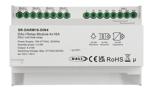 SR-DARM16-DIN4 DALI-2 Relaismodul 4-Kanal 16A Schaltaktor für 230V AC, Hutschienen-Montage