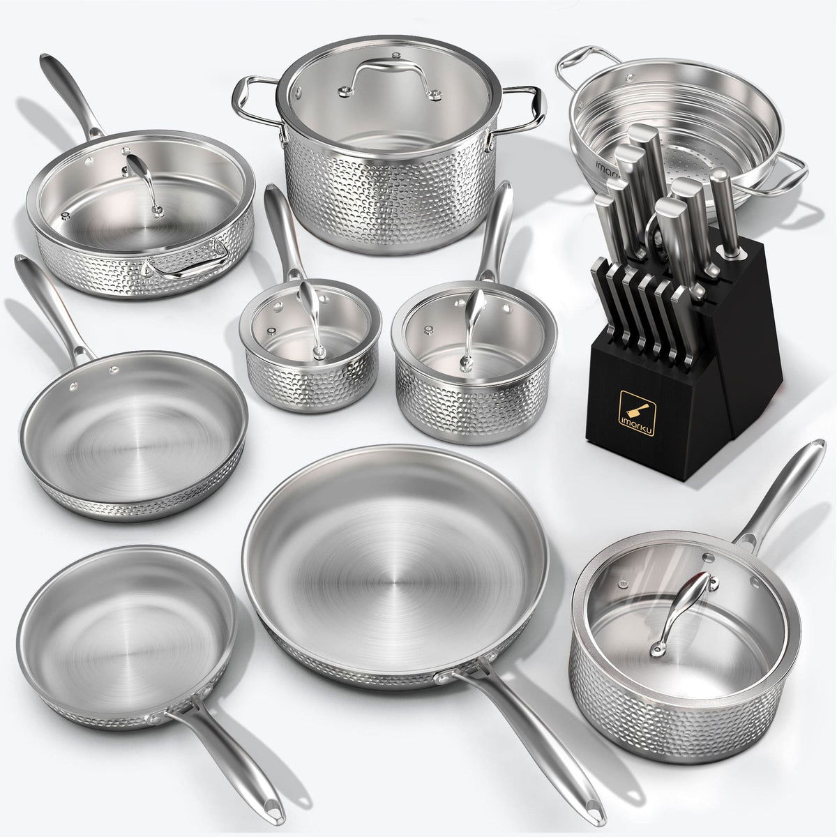 Hammered Stainless Steel Cookware Set & Japanese Knife Set Bundle Imarku - Black
