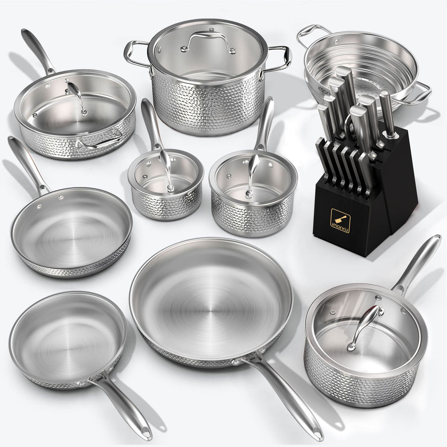 Hammered Stainless Steel Cookware Set & Japanese Knife Set Bundle Imarku - Black