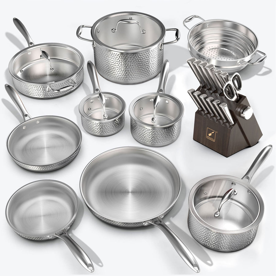 Tri-Ply Stainless Steel Cookware and Forged Knife Set with Sharpener - Black
