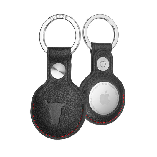 Leather AirTag Keyring - Black with Red Detail