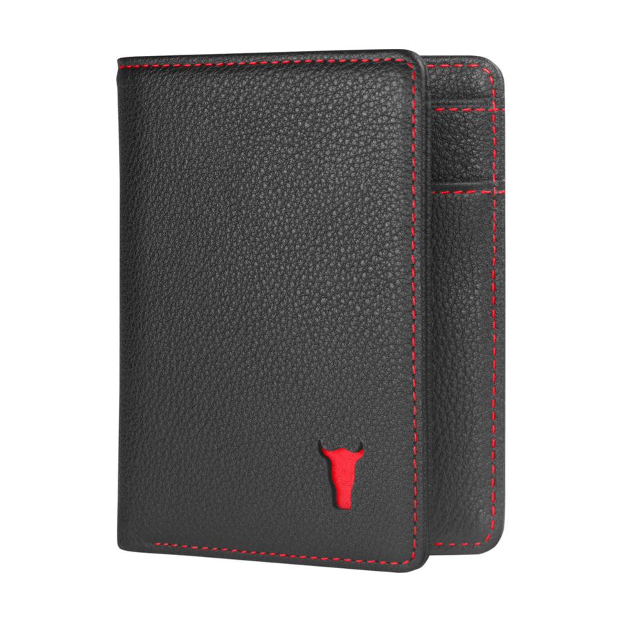 Slim Leather Bifold Wallet (with RFID Protection) - Black with Red Detail