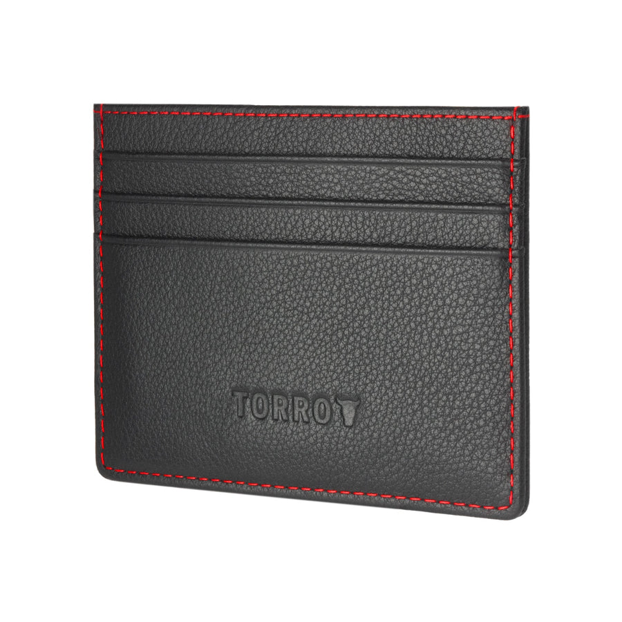 Leather Credit Card Holder - Black with Red Detail