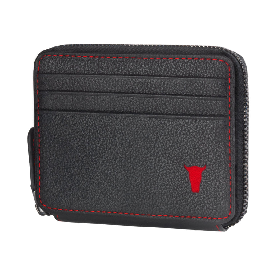 Leather Zipped Coin Purse with Card Holder - Black with Red Detail