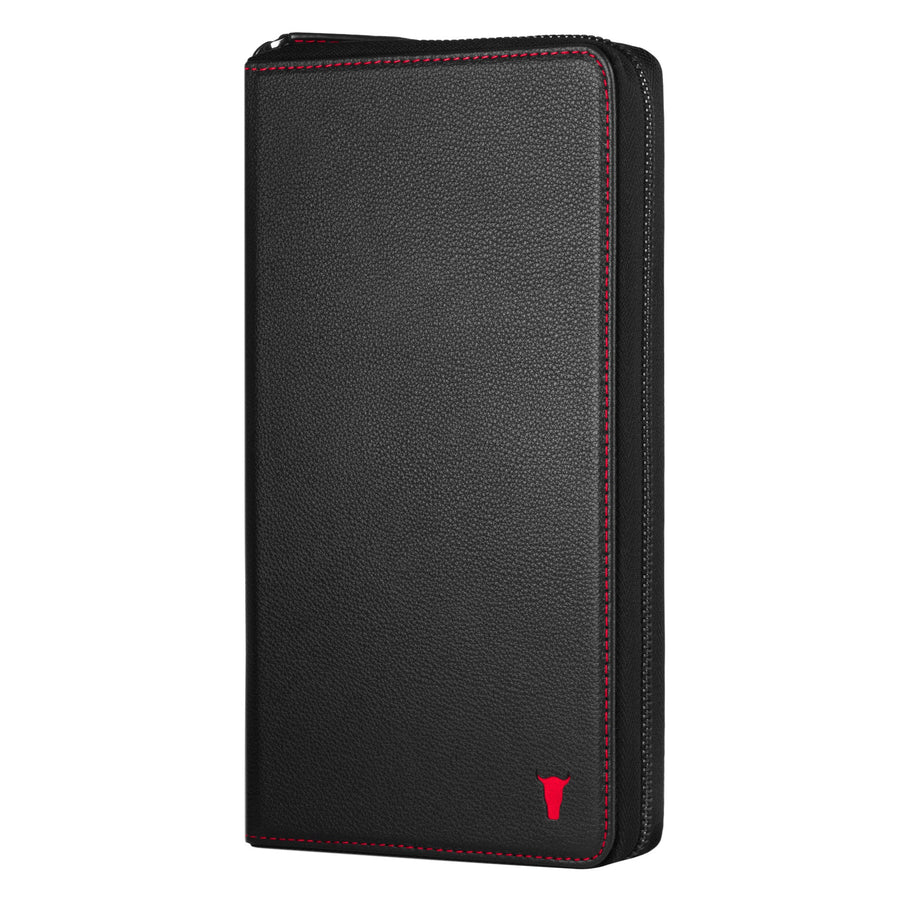 Leather Family Travel Wallet & Passport Holder - Black with Red Detail