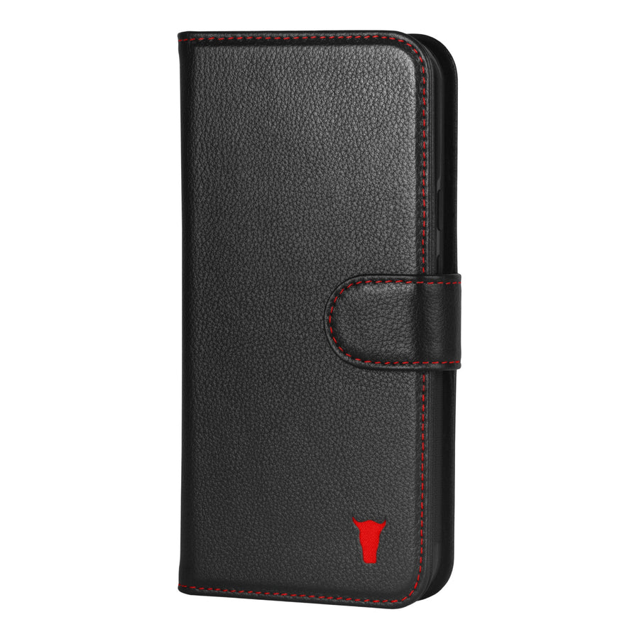 Google Pixel 9 Leather Wallet Case (with Stand Function) - Black with Red Detail