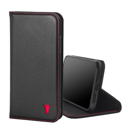 Apple iPhone 11 Leather Wallet Case (with Stand function) - Black with Red Detail