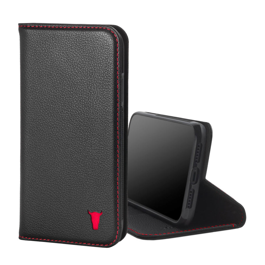 Apple iPhone 11 Leather Wallet Case (with Stand function) - Black with Red Detail