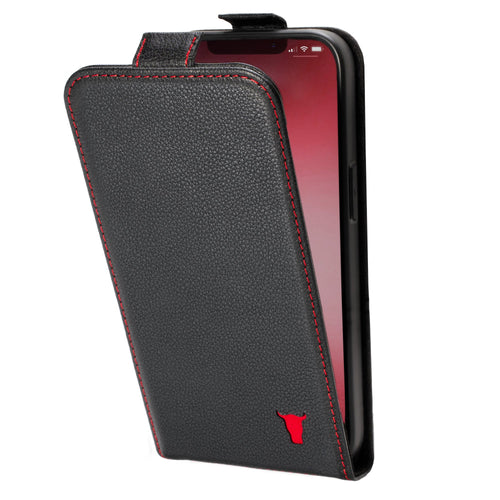 Apple iPhone 12 / 12 Pro Leather Flip Case (MagSafe Charging) - Black with Red Detail