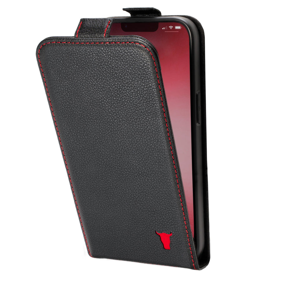 Apple iPhone 13 Leather Flip Case (MagSafe Charging) - Black with Red Detail