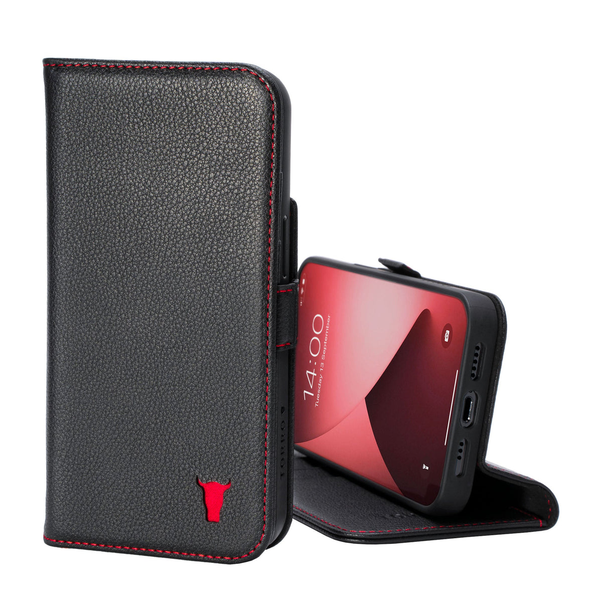 Apple iPhone 14 Pro Leather Wallet Case (with Stand function) - Black with Red Detail