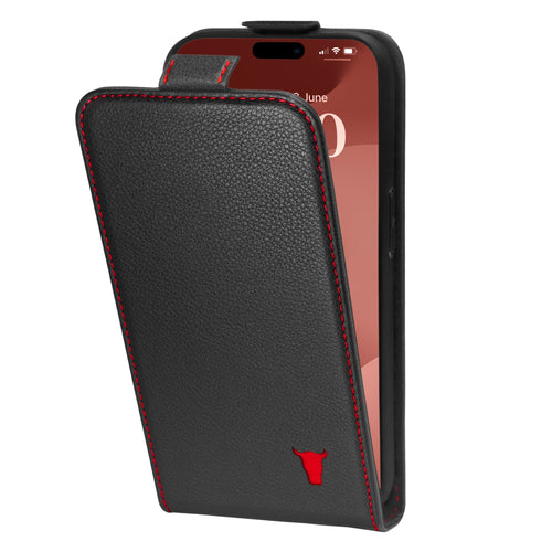 Apple iPhone 15 Pro Leather Flip Case (MagSafe Charging) - Black with Red Detail