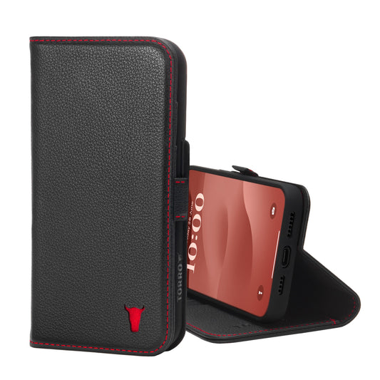Apple iPhone 15 Pro Max Leather Wallet Case (MagSafe Charging) - Black with Red Detail
