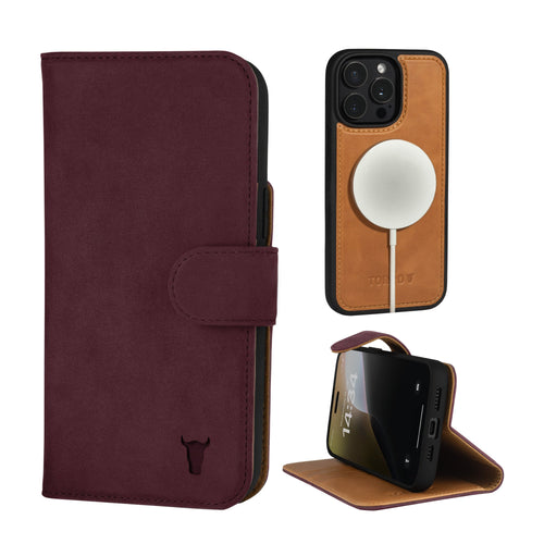 Apple iPhone 15 Pro 2-in-1 Nubuck Leather Wallet Case (with Detachable Cover) - Nubuck Maroon
