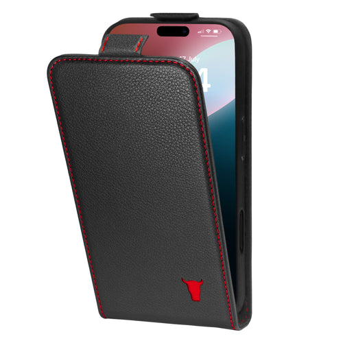 Apple iPhone 16 Pro Leather Flip Wallet Case (MagSafe Charging) - Black with Red Detail