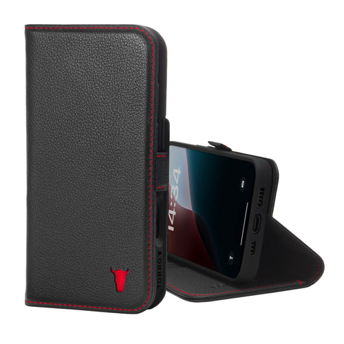 Apple iPhone 16 Pro Leather Wallet Case (MagSafe Charging) - Black with Red Detail