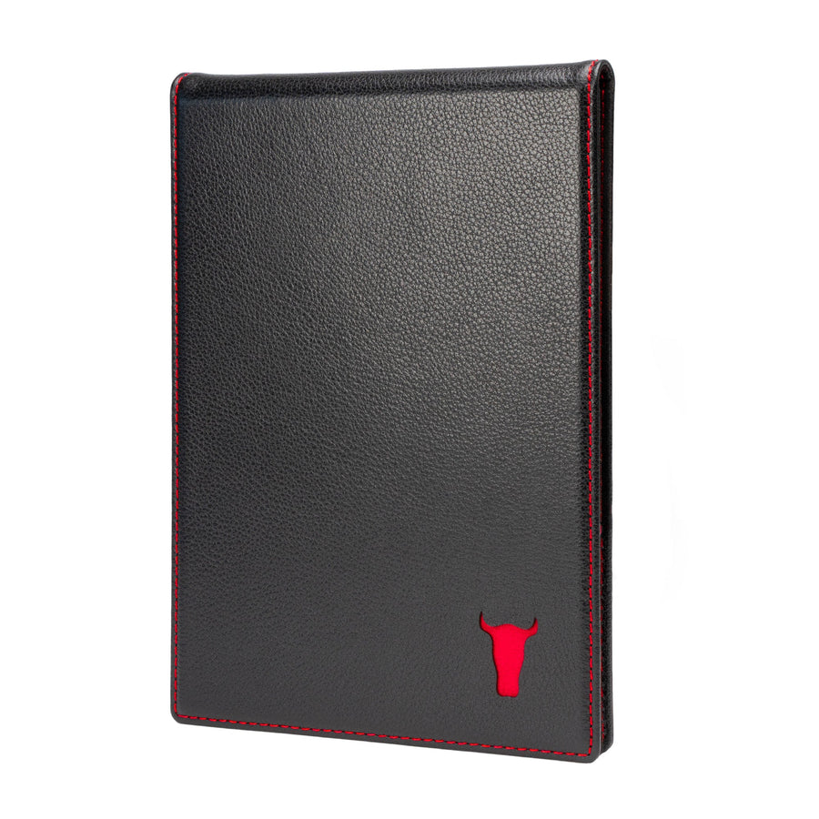 Leather Golf Scorecard Holder & Yardage Book Cover (PRO Edition) - Black with Red Detail