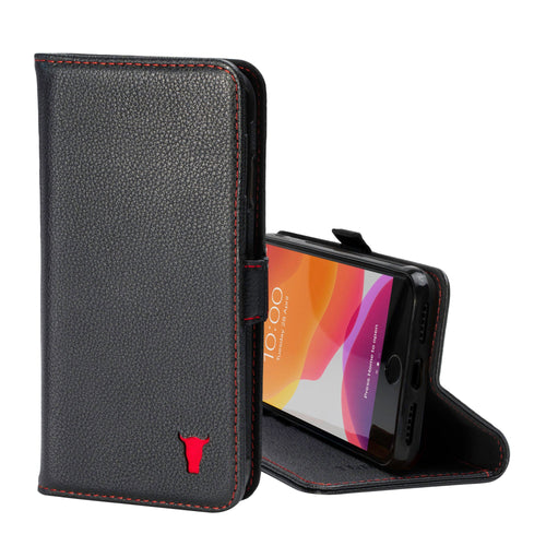 Apple iPhone SE 2022/2020 iPhone 8 & iPhone 7 Leather Wallet Case (with Stand Function) - Black with Red Detail