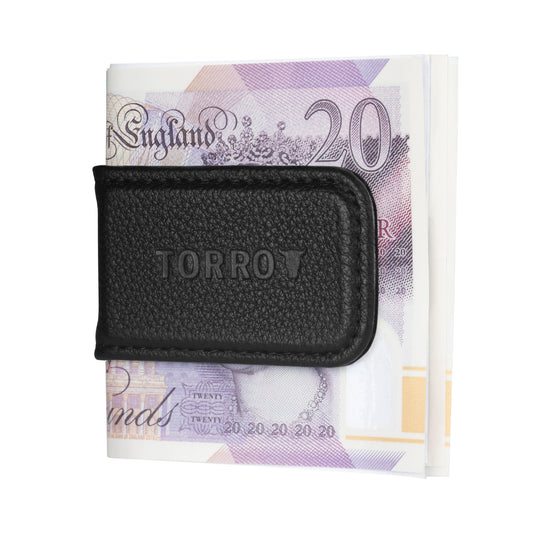 Slim Leather Money Clip with Magnetic Closure - Black