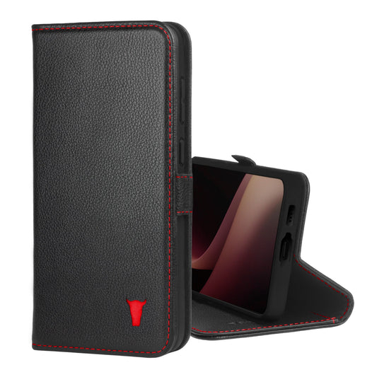 Samsung Galaxy A55 Leather Wallet Case (with Stand Function) - Black with Red Detail