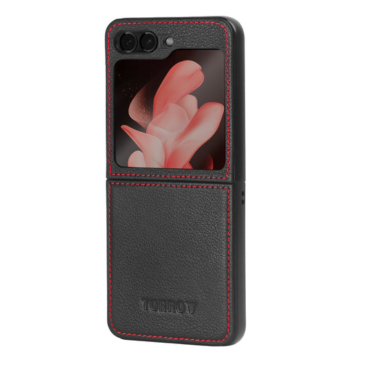 Samsung Galaxy Z Flip6 & Z Flip7 FE Leather Case - Black with Red Detail