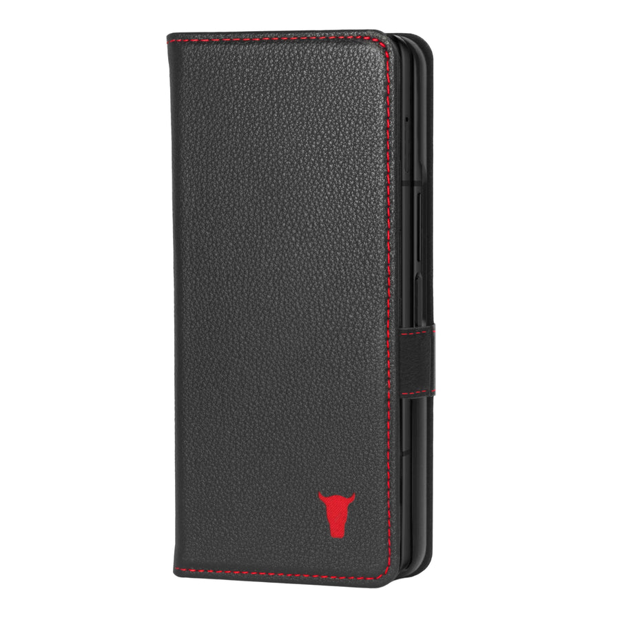 Samsung Galaxy Z Fold5 Leather Wallet Case (with Stand Function) - Black with Red Detail