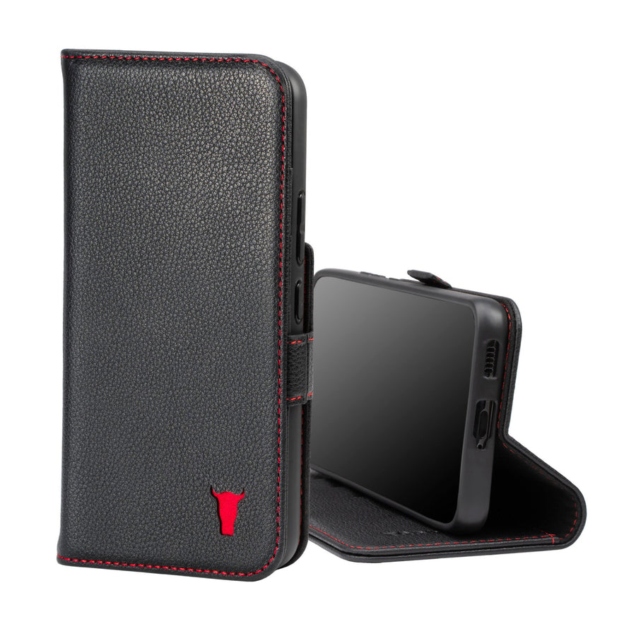 Samsung Galaxy S22 Leather Wallet Case (with Stand function) - Black with Red Detail